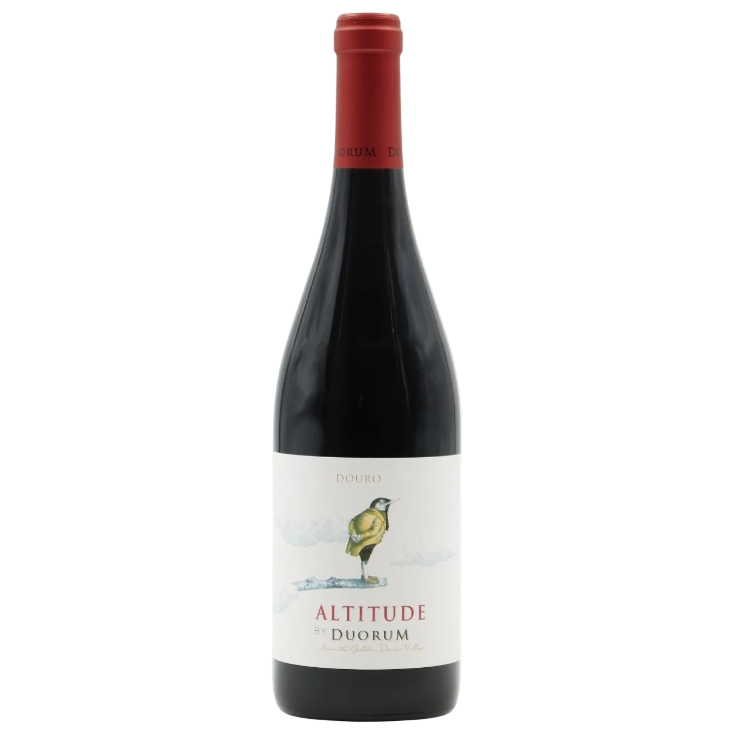 Wine bottle with a label featuring a bird illustration on a white background