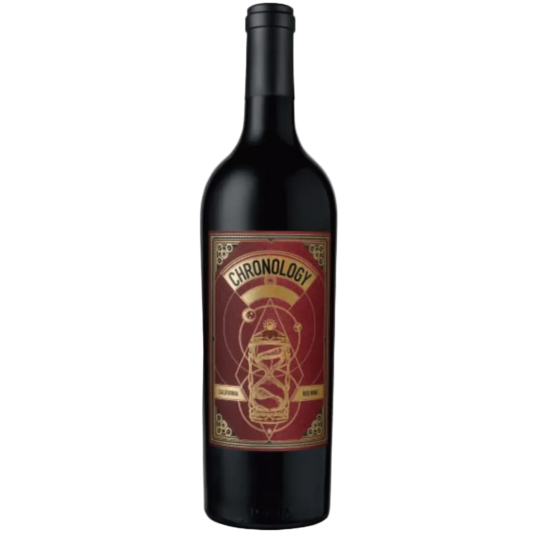Wine bottle with 'Chronology' label on a white background