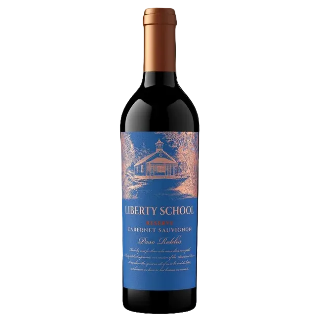 Bottle of Liberty School Cabernet Sauvignon wine with a blue label.