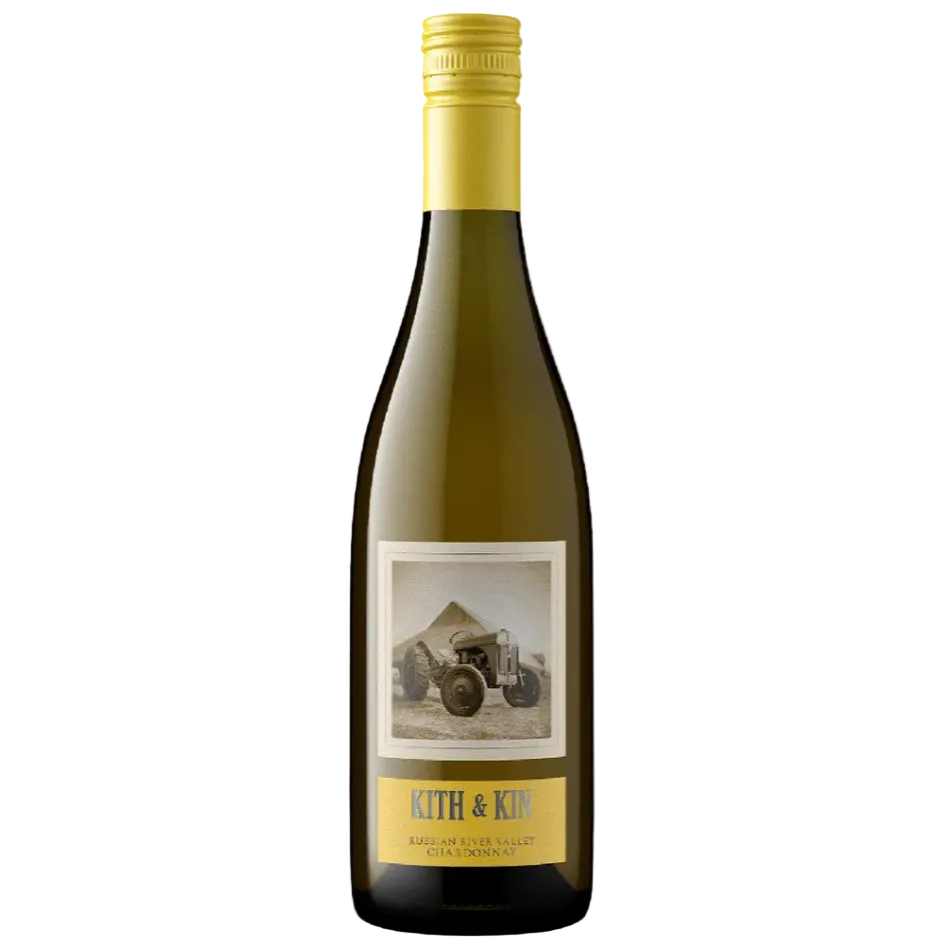 Wine bottle label on a white background with a vintage tractor.